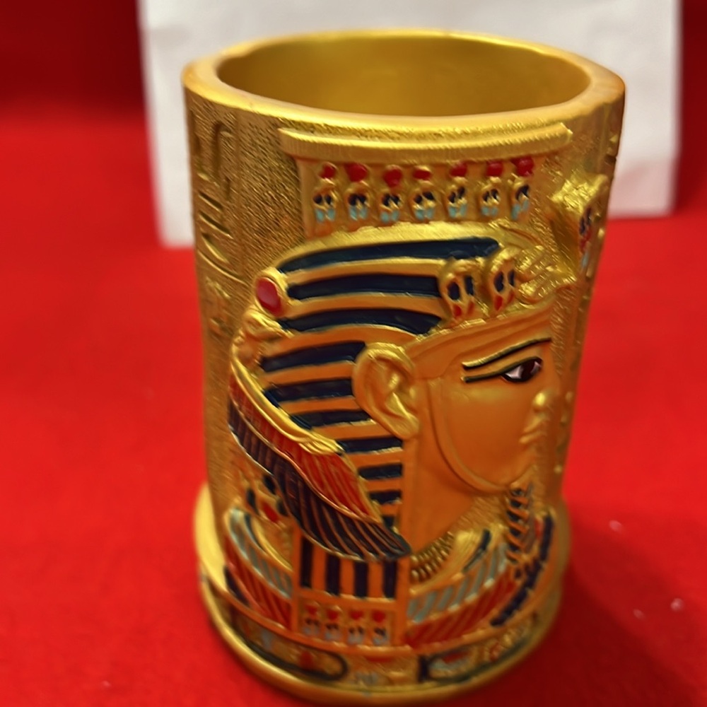 Pharaoh Pen Holder. Gold Hand Painted. 4.5” Tall x 3” Wide. Used Excellent.